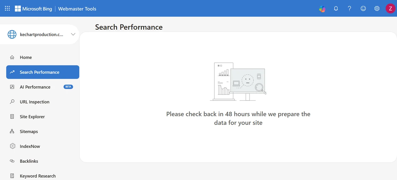 Bing Webmaster Tools, 20 Oct 2026: site registered, Bing is preparing its first data (48 h)
