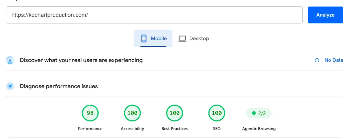 PageSpeed Insights, homepage on mobile, 20 Oct 2026: 98 performance, 100 accessibility, best practices and SEO