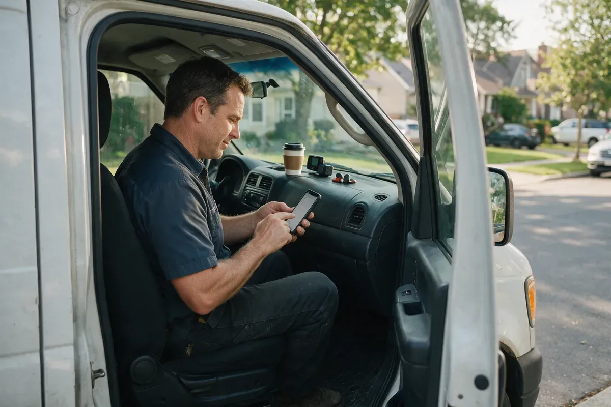 Tradesman sitting in his work van replying to a Google review on his phone