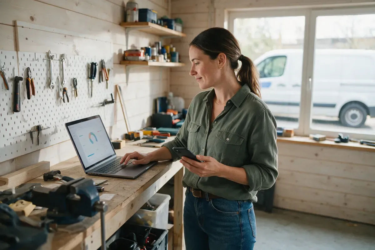 Owner of a home services business checking new leads on her laptop and phone in her workshop