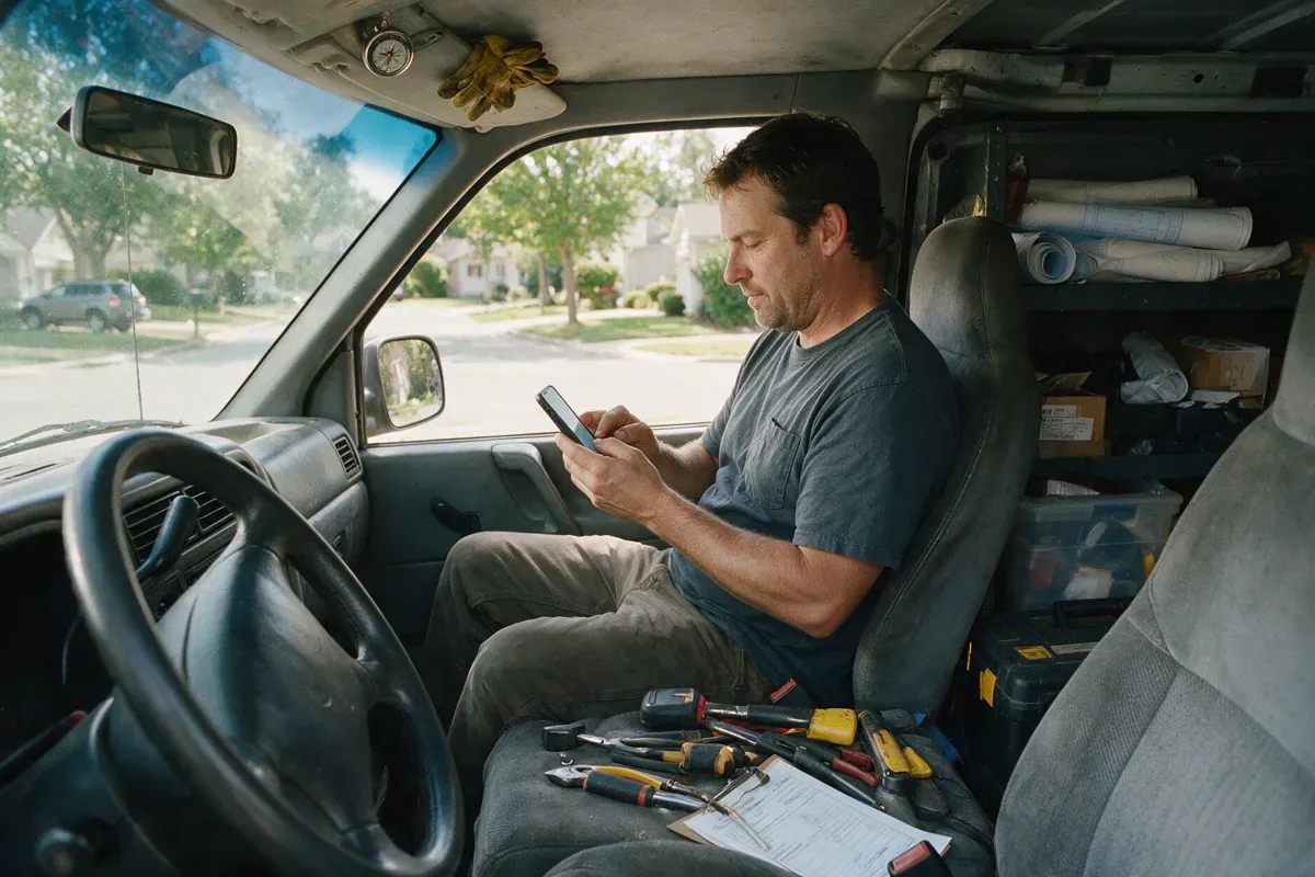 Tradesman in his van texting a customer after a job