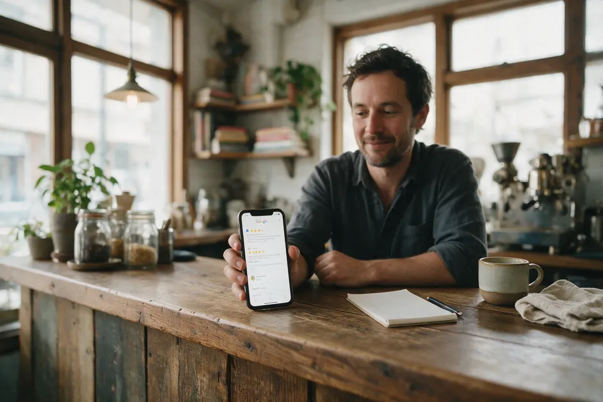 Small business owner holding a phone with Google reviews at a cafe counter