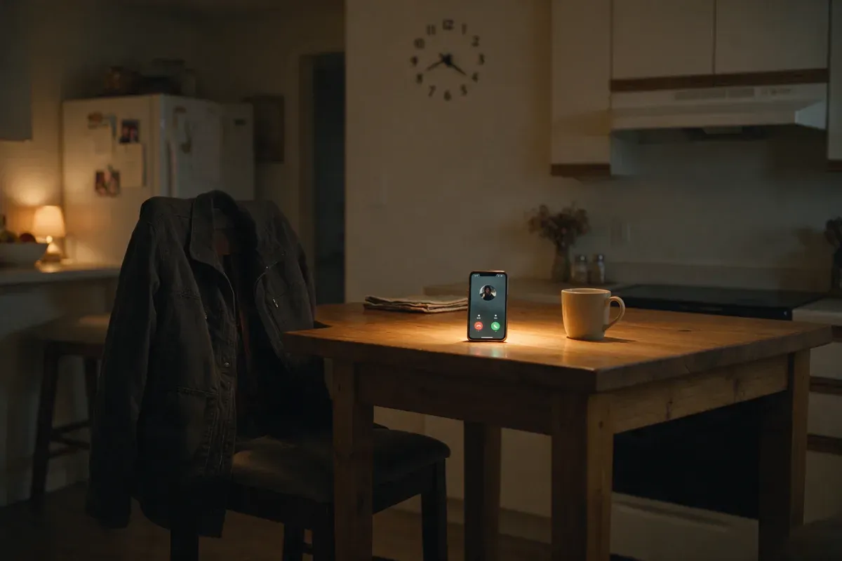 Phone lighting up with an evening call on a kitchen table after hours