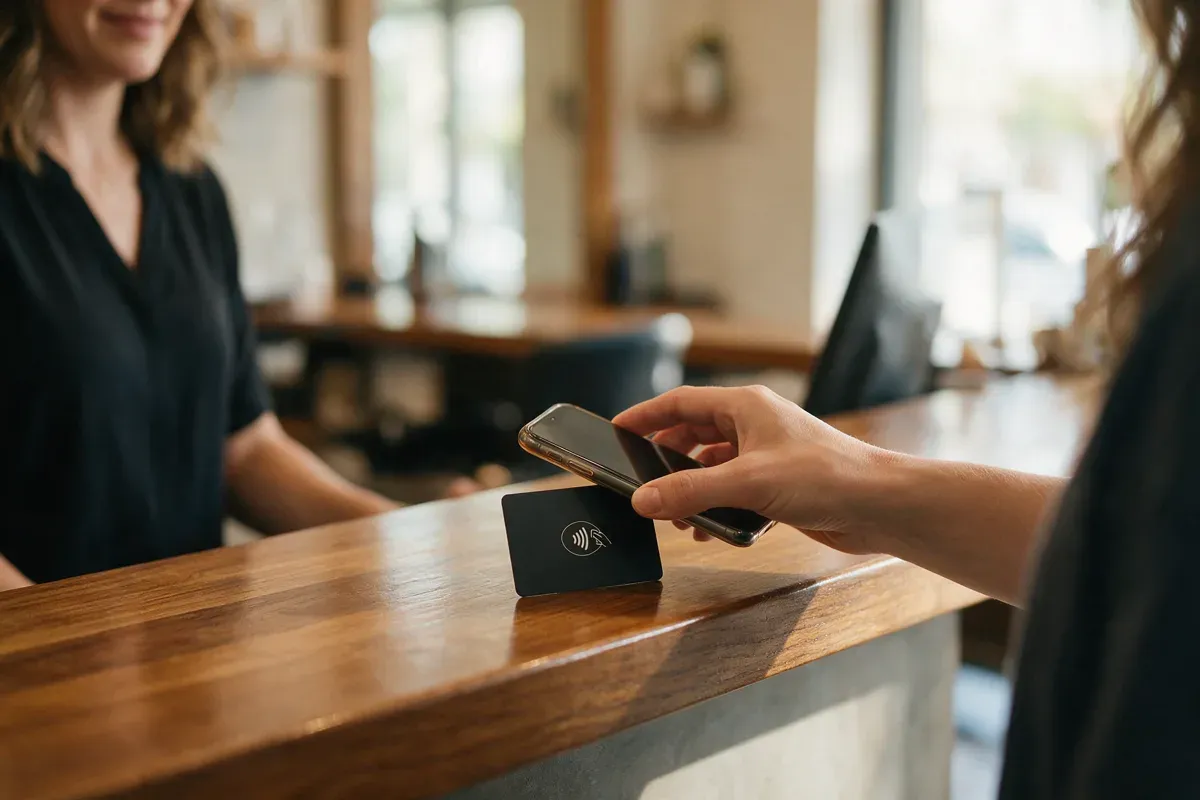 Customer tapping a phone on an NFC Google review card at a salon counter