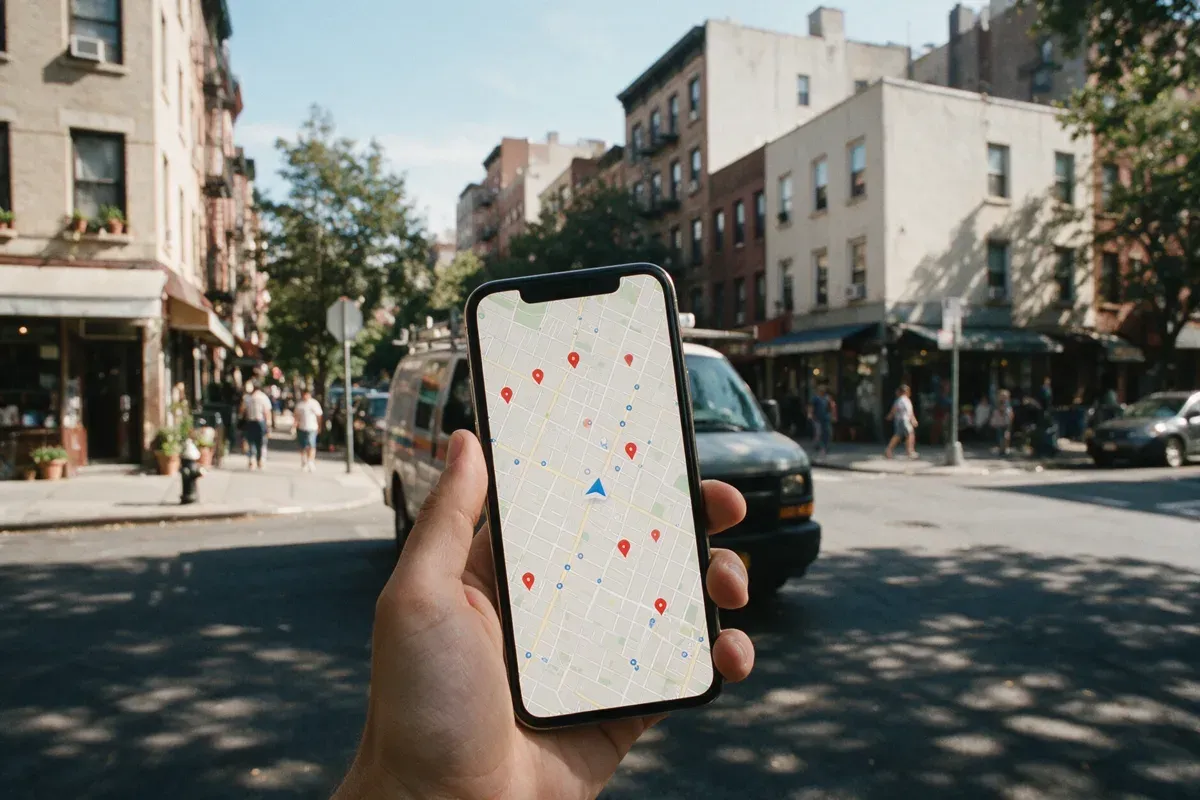 Phone showing a map with local business pins on a city street