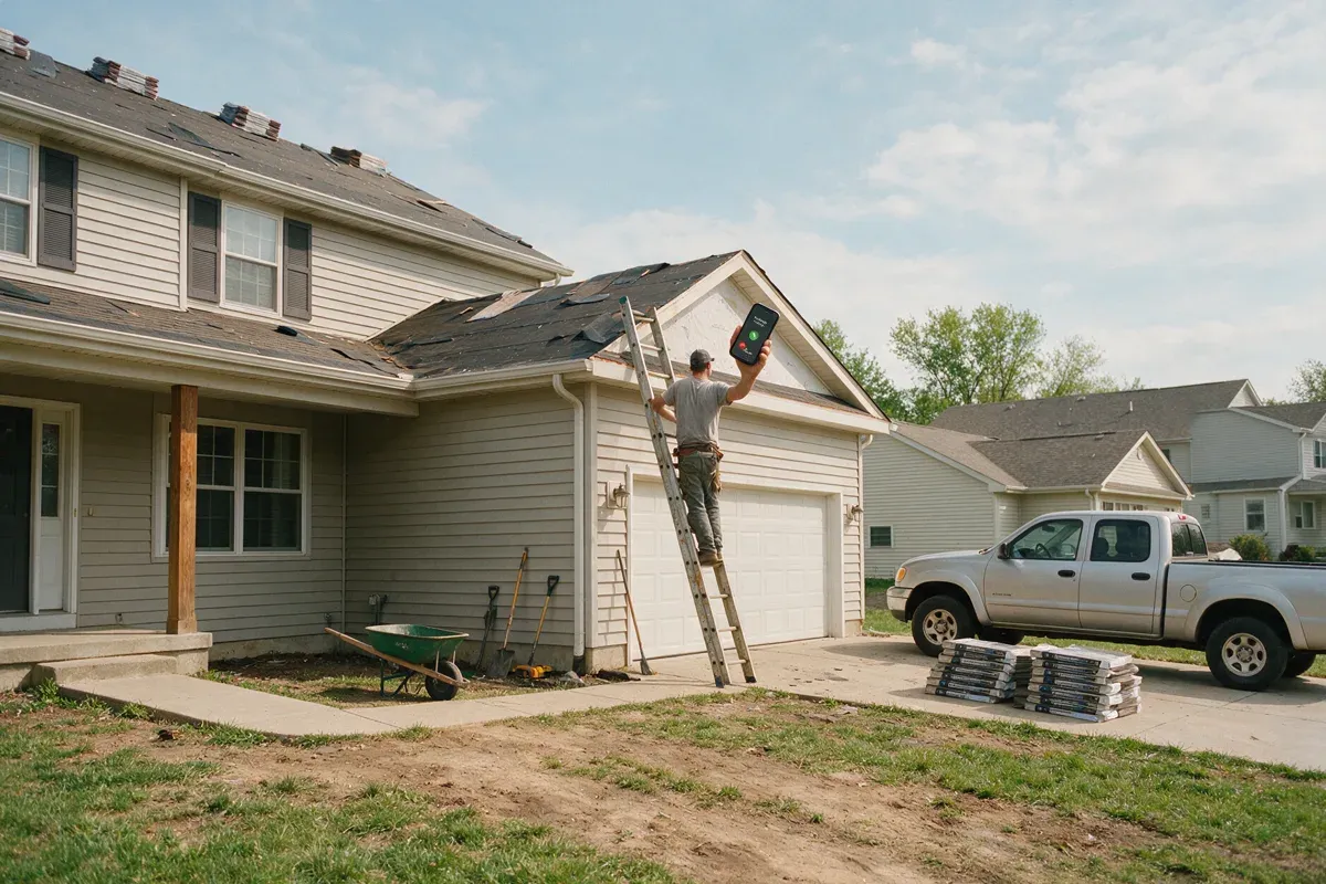 Roofer on a ladder with a phone showing a missed call