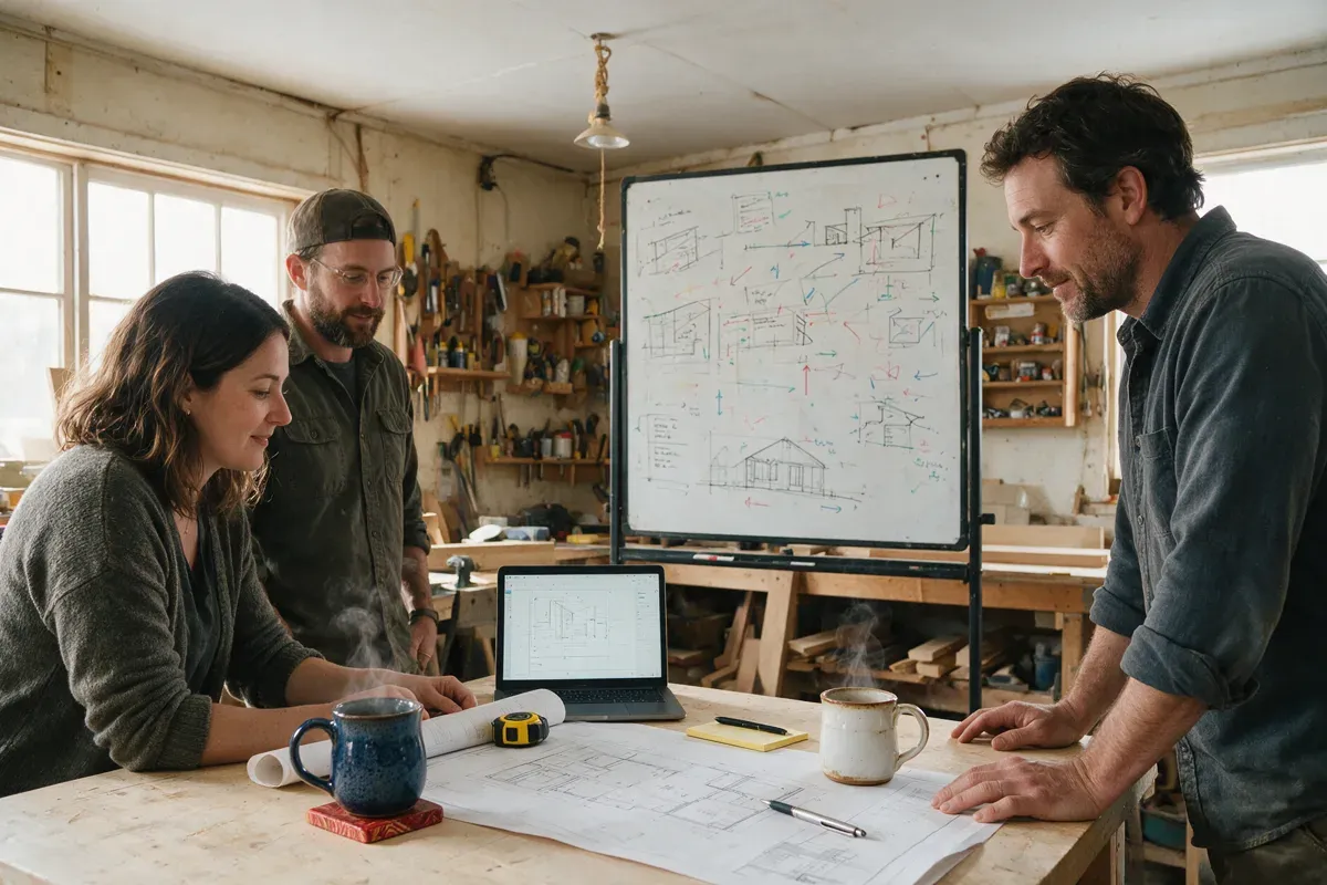 Small team of tradespeople planning their week around a workshop table