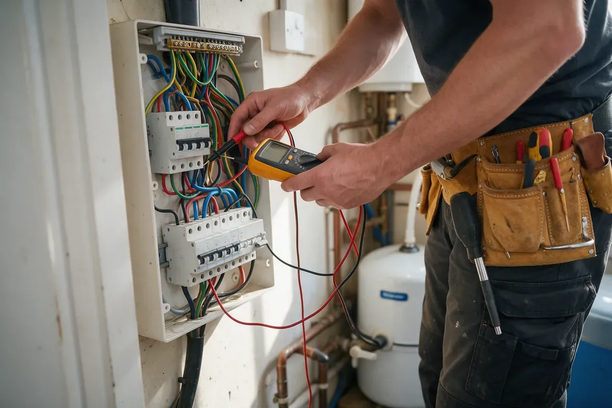 UK electrician testing a consumer unit, illustrating Checkatrade alternatives for tradespeople